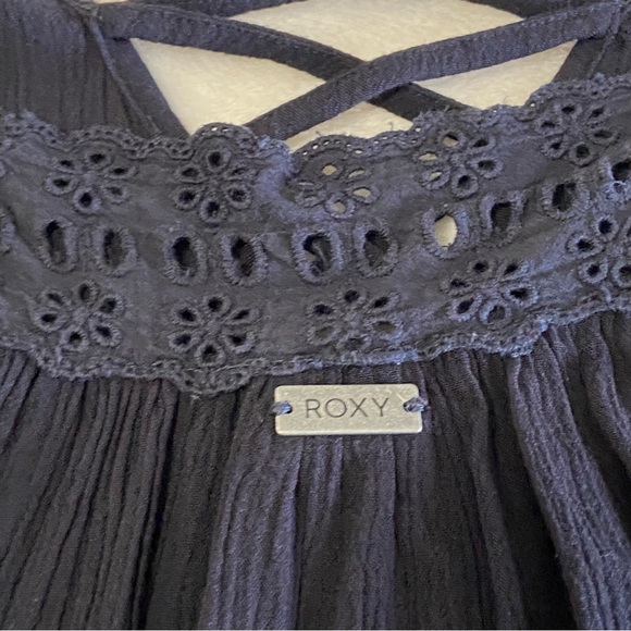 ROXY / Black Gauze Slip Dress Mini Size L Crochet Lace - Picture 13 of 15